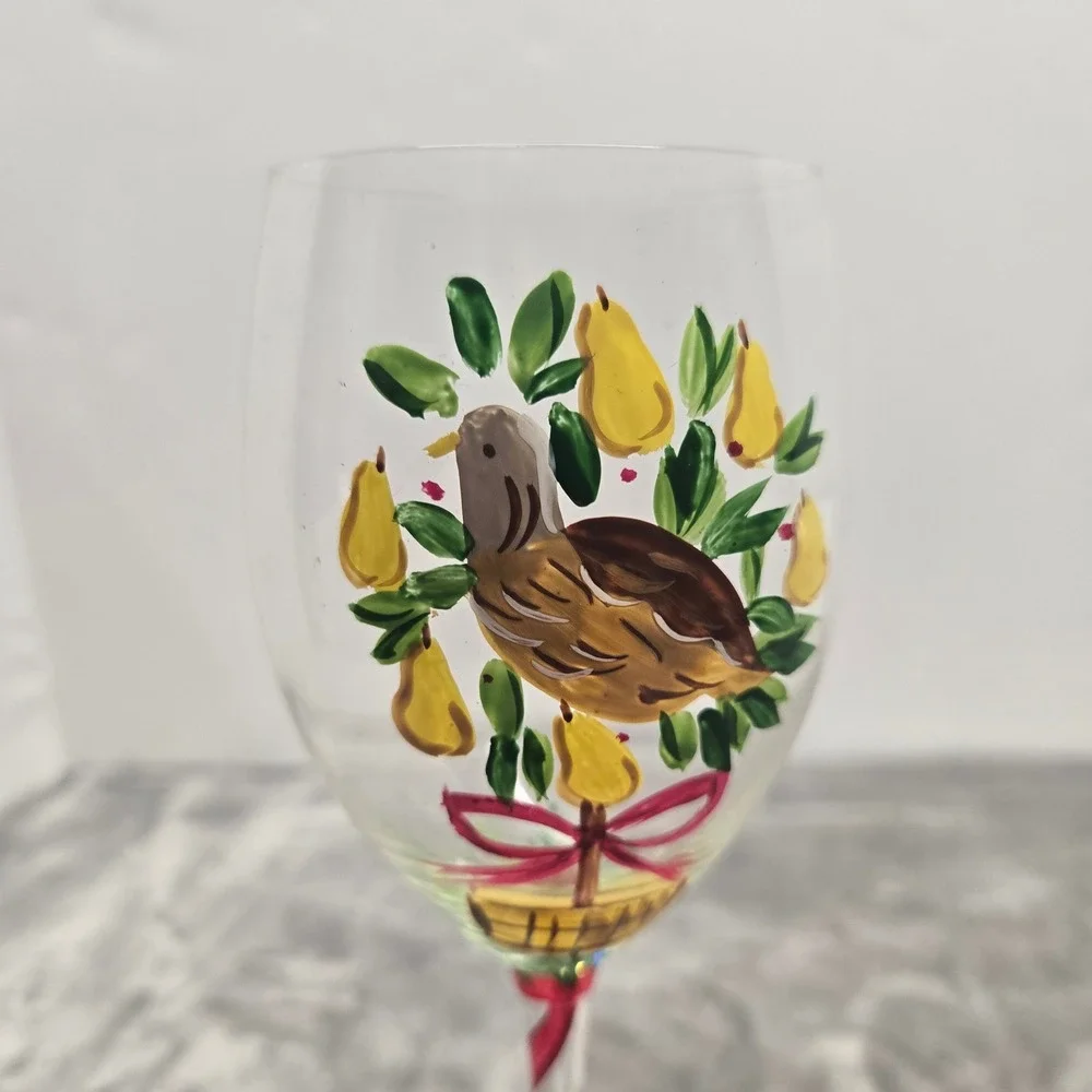 Hand Painted Christmas Wine Glass Partridge in a Pear Tree Holiday Stemware 9in